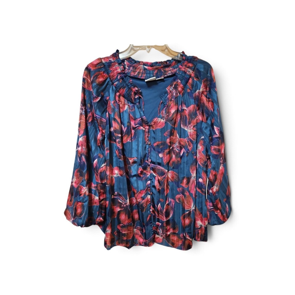 Floral Smocked Neck Button Blouse Teal Red Metallic Stripe Long Sleeve 0462